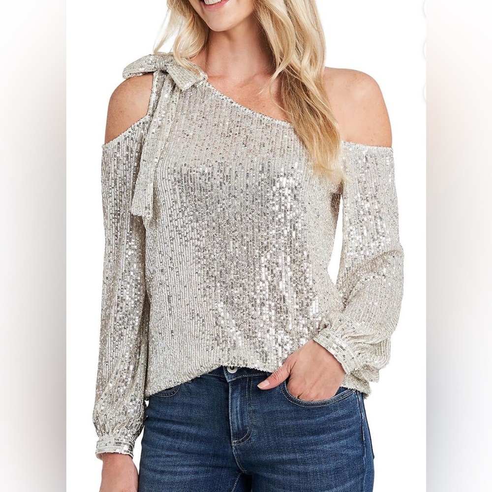 CeCe Womens Silver Sequined One Shoulder Bow Blouse | Size Large